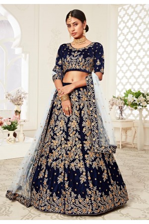 Navy blue embroidered velvet lehenga choli 16044