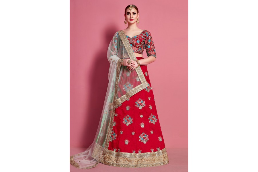 Stylish Red Art Silk Designer Party Wear Lehenga Choli With Red Art Silk