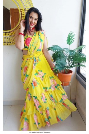 Bollywood Model Yellow georgette floral ruffle lehenga saree