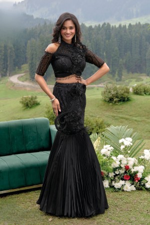 Black crop top and mermaid skirt set with handwork embroidery for wedding