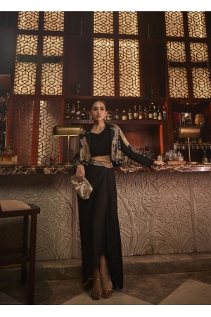 Black crop top jacket and draped skirt set with handwork embroidery for wedding 3128