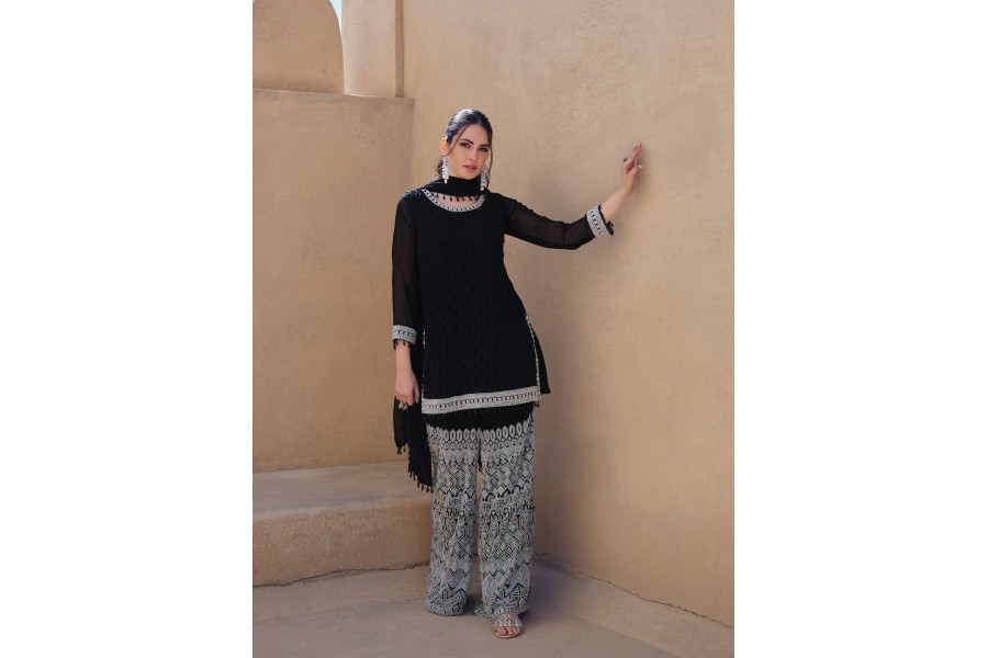 Stunning Embroidery Work Black Color Palazzo Suit main image 1