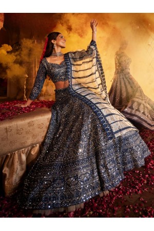 Navy blue mirror work wedding a line lehenga choli LDH002