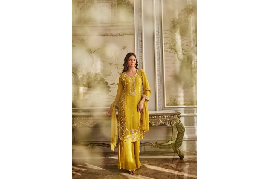 Yellow Premium Designer Pant Suit With Embroidery Work main image 1