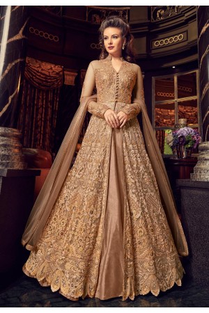 Gold color net and silk wedding lehenga kameez 2 in 1 style