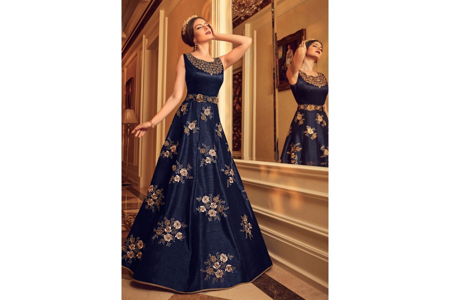 Navy Blue Floral Embroidered Layered Indo Western Gown | Gown party wear,  Fancy gowns, Western gown