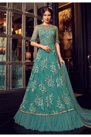 Teal color Net gown style Indian wedding anarkali