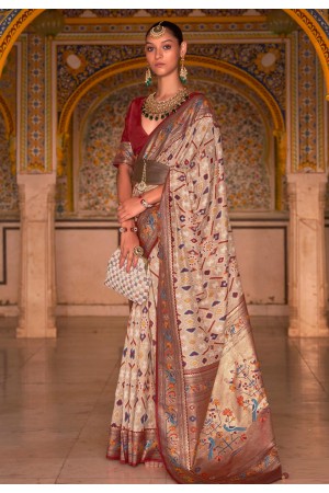 Beige silk paithani saree 496A