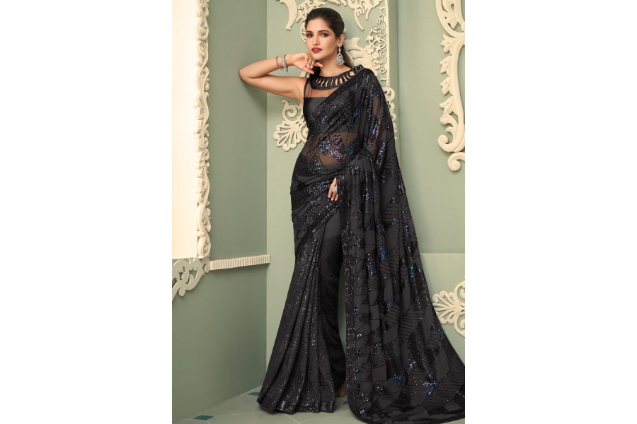 Sequance Georgette Black Saree With Unstiched Blouse Piece