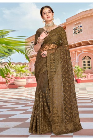 Brown net saree with blouse 1474
