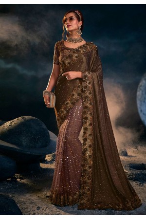 Brown net saree with blouse 6309