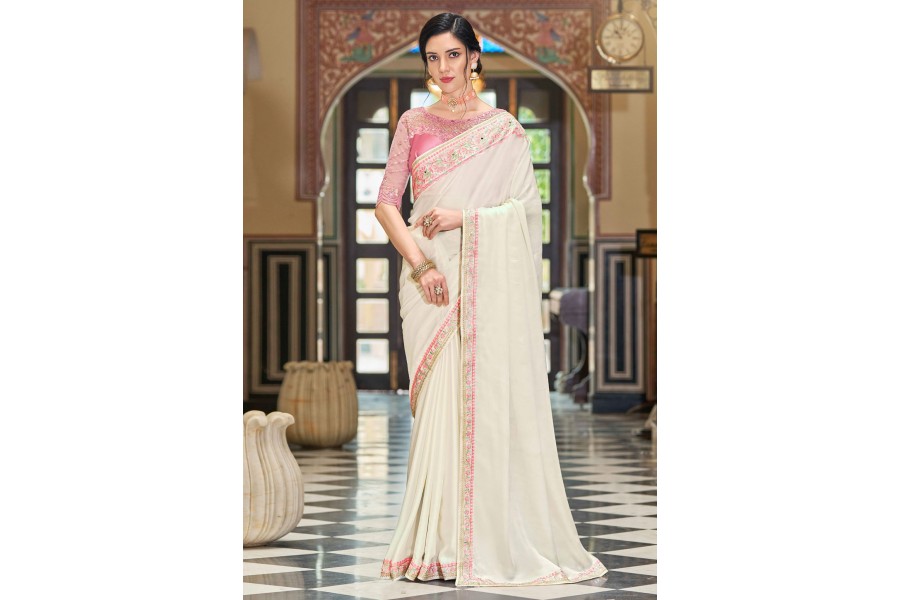 Women's Silk Blend Cream Woven Design Celebrity Saree With Blouse Piece