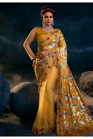 Golden net saree with blouse 6305