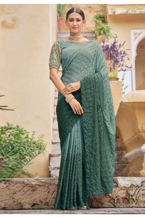 Green chinon saree with blouse 5423