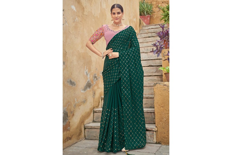 Green Embroidered Chinon Saree With Unstitched Blouse Piece