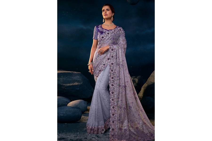 Women's Net Purple Embroidered Designer Saree With Blouse Piece