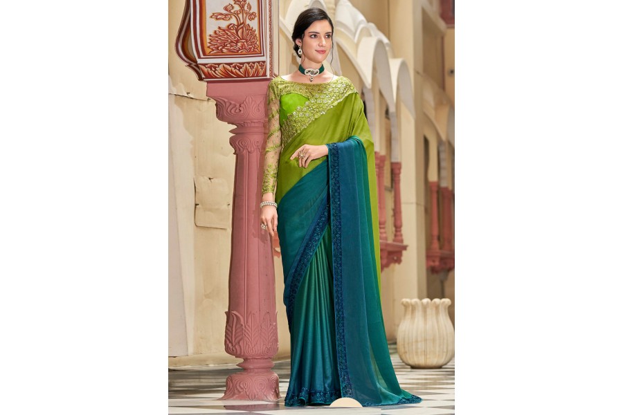 Red & Green Pure Soft Silk Half Half Panetar Saree