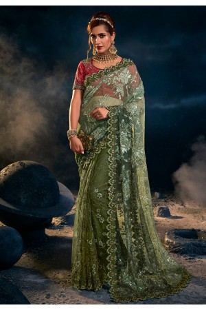 Mehndi net saree with blouse 6315