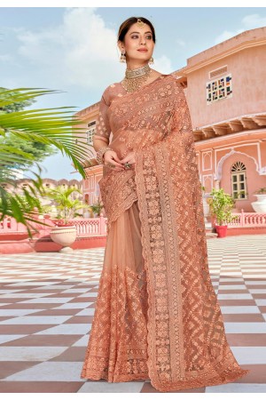 Peach net saree with blouse 1475
