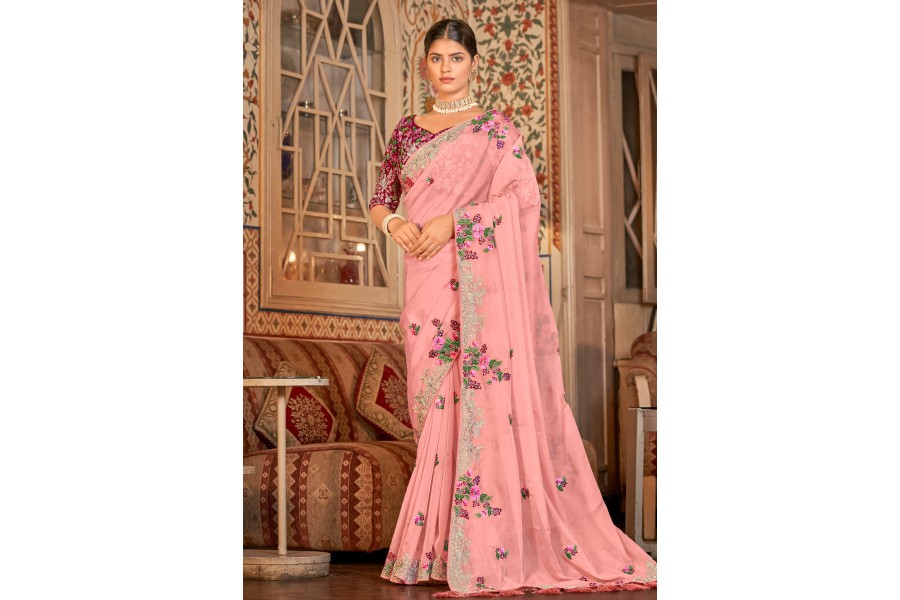 Pink Embellished Organza Saree With Unstitched Blouse Piece