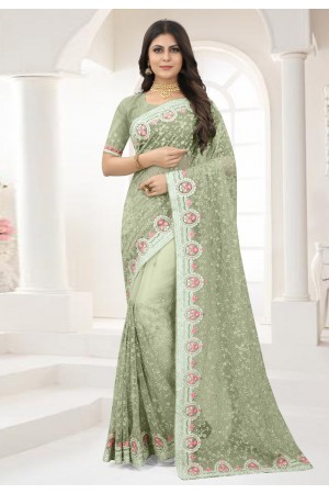 Pista green net saree with blouse 6363