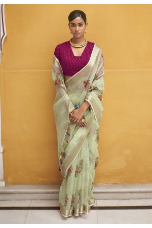 Pista green organza saree with blouse 2001