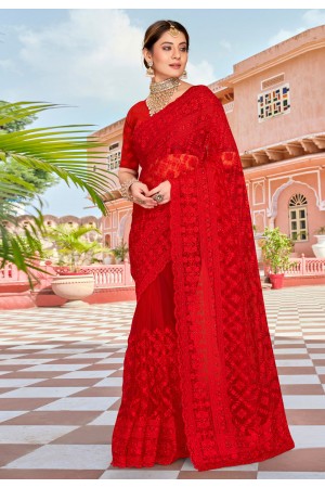 Red net saree with blouse 1473