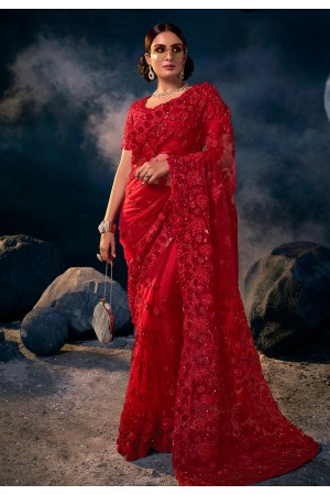 Red net saree with blouse 6307