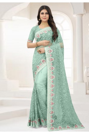 Sky blue net saree with blouse 6364