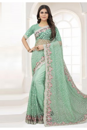 Sky blue net saree with blouse 6369