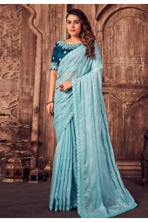 Sky blue silk saree with blouse 464D