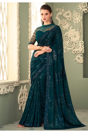 Teal georgette saree with blouse 7211
