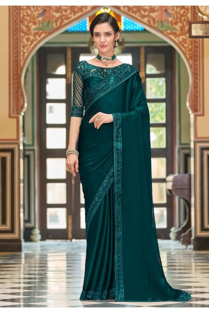 Teal silk saree with blouse 1018