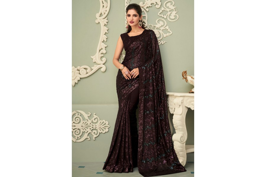 Women Party Wear Designer Sequence Worked Wine Colour Georgette Saree Collection
