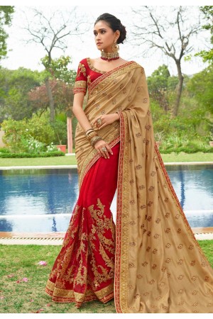 Beige art silk embroidered half and half saree 3029