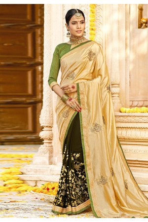 Beige georgette embroidered half and half saree 3975