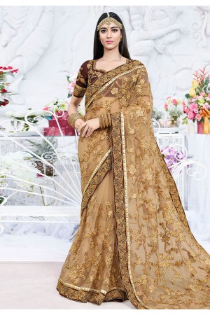 Beige net embroidered saree with blouse 2798