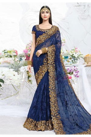 Blue net embroidered saree with blouse 2796