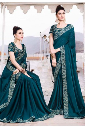 Blue silk embroidered festival wear saree 35866