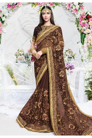 Brown net embroidered festival wear saree 2792