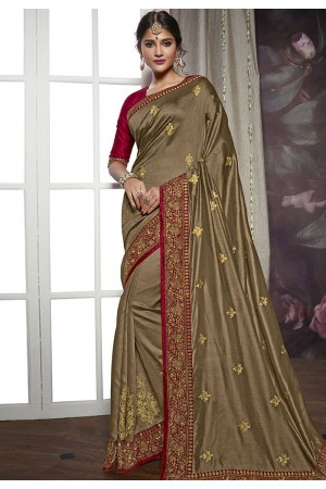 Brown silk embroidered party wear saree 821