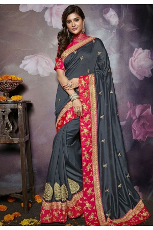 Gray silk embroidered party wear saree 808