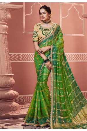 Green georgette bandhej festival wear saree 2136