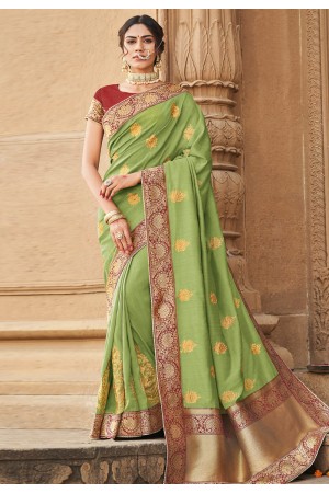 Light green cotton embroidered saree with blouse 1023B