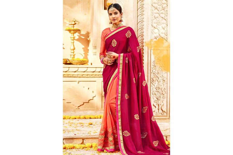 Magenta B&hani Print Georgette Saree with Resham Embroidered Border
