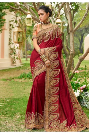 Maroon art silk embroidered saree with blouse 3022
