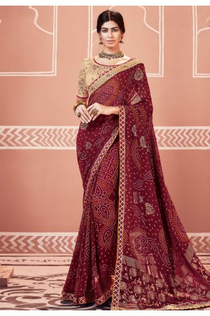 Maroon georgette bandhej saree with blouse 2138