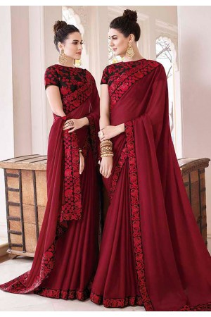 Maroon silk embroidered saree with blouse 35861