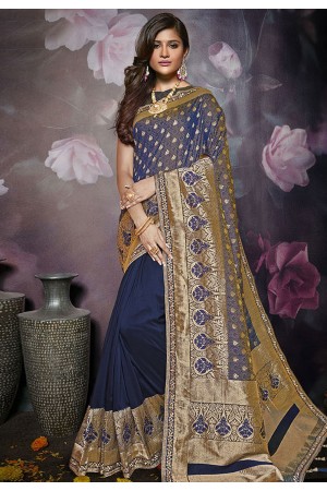 Navy blue silk embroidered party wear saree 819