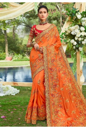 Orange art silk embroidered festival wear saree 3021